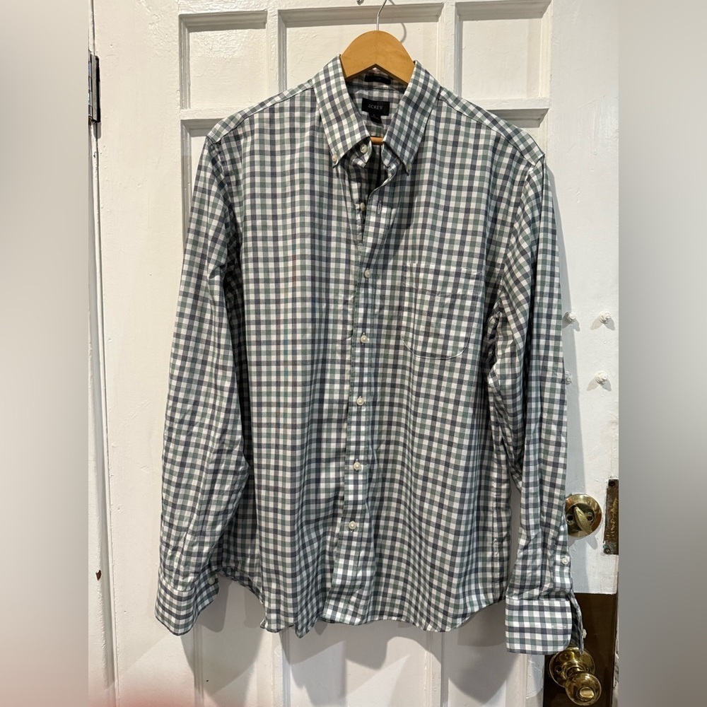 J. Crew Men's Gray and White Checkered Shirt